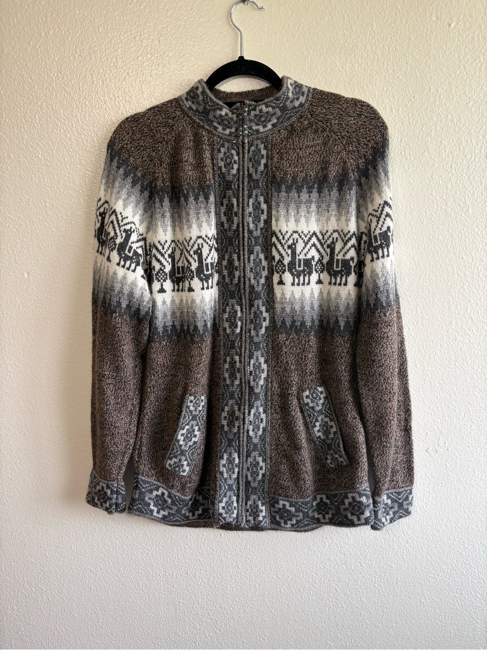 Ecologic Arts Plus Size Brown Gray Alpaca Print Knit Full Zip Sweater Cardigan